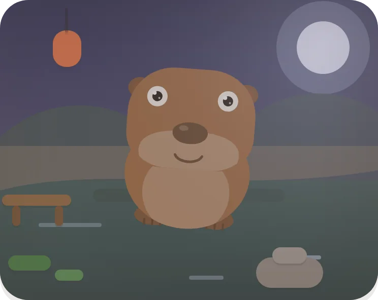 O habitat às 22h: céu índigo, lua com halo, água escura.