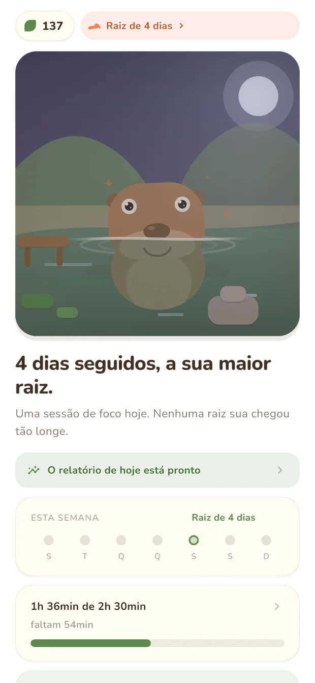 Home do app: saldo de folhas, sequência e o habitat com a capivara.